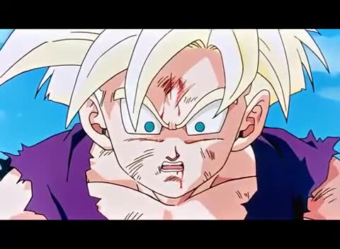 Still frame from Gohan turns SSJ2 for the first time — a 5m 29s clip marked up for dubbing