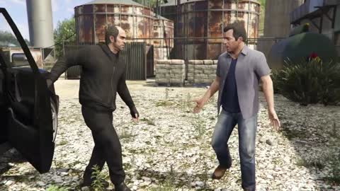 Still frame from GTA V - Trevor kidnaps Patricia — a 1m 22s clip marked up for dubbing
