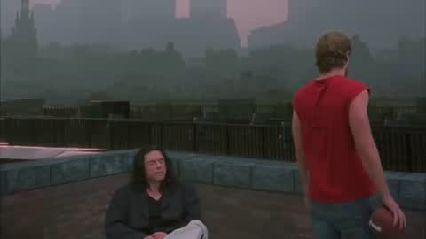 Still frame from The Room Oh Hi Mark — a 1m 58s clip marked up for dubbing