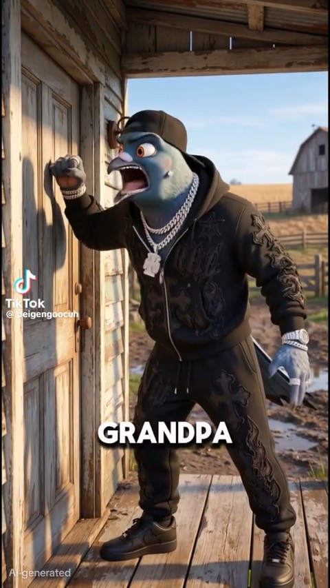 Still frame from Ai pigeon gramps TikTok dance — a 43s clip marked up for dubbing
