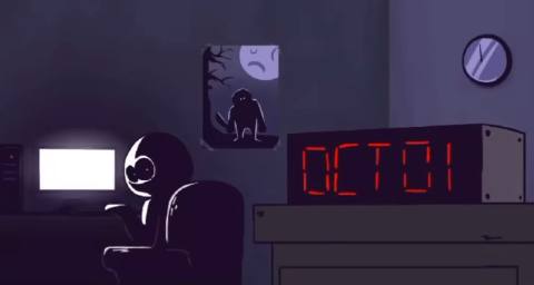 Still frame from spoky month 1 — a 1m 15s clip marked up for dubbing