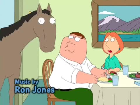 Still frame from Family Guy- Peter The Horse is Here — a 35s clip marked up for dubbing