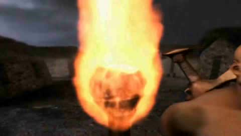 Still frame from Homens queimem a vila! — a 19s clip marked up for dubbing