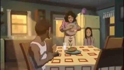 Still frame from Boondocks: This chicken is cold — a 13s clip marked up for dubbing