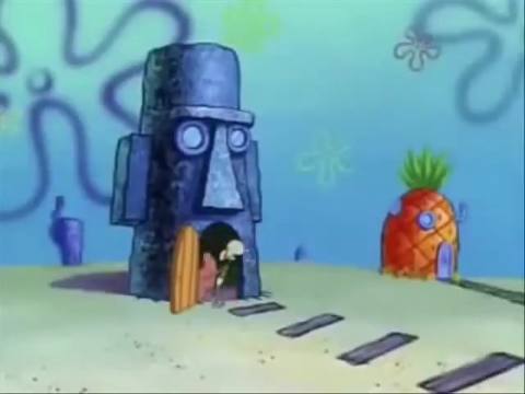 Still frame from Squidward throws out his back — a 29s clip marked up for dubbing