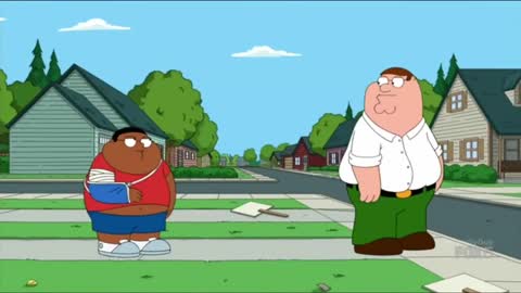Still frame from Cleveland Junior Threatens Peter — a 25s clip marked up for dubbing