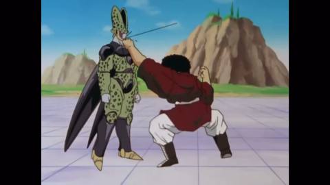 Still frame from Commentary on Mister Satan's fight — a 16s clip marked up for dubbing