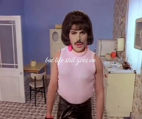 Still frame from queen - i want to break free scene — a 29s clip marked up for dubbing
