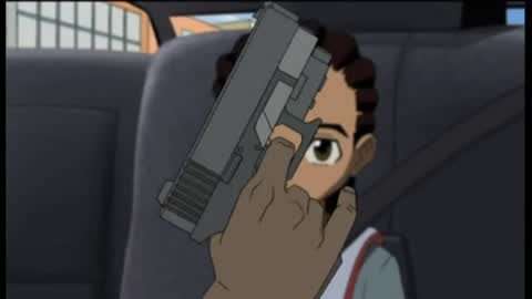 Still frame from Boondocks- Say What One More Time — a 1m 20s clip marked up for dubbing