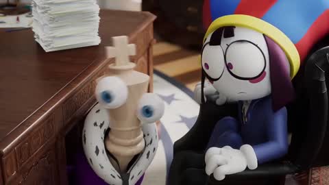 Still frame from President Pomni — a 2m 06s clip marked up for dubbing