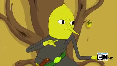 Still frame from Adventure time-The pup gang meets lemongrab — a 55s clip marked up for dubbing