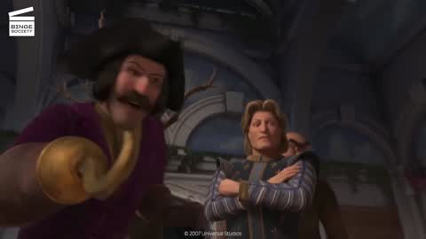 Still frame from Shrek the Third Pinocchio tries to lie — a 2m 07s clip marked up for dubbing