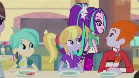 Still frame from Battle Of The Bands- Equestria Girls, My Little Pony — a 2m 50s clip marked up for dubbing