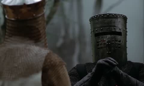 Still frame from Monty Python - Dark Knight — a 2m 51s clip marked up for dubbing