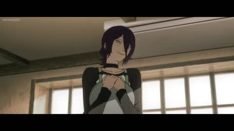 Still frame from Reze and Denji in the Cafe — a 2m 04s clip marked up for dubbing