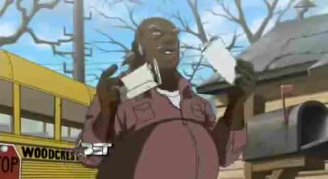 Still frame from The Boondocks - Uncle Ruckus finds out hes black — a 29s clip marked up for dubbing