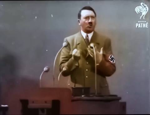 Still frame from Hitler's speech at Krupp factory — a 47s clip marked up for dubbing