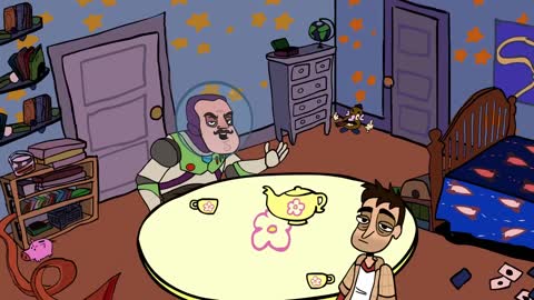 Still frame from This is a Replica of Andys Room from Toy Story — a 2m 27s clip marked up for dubbing