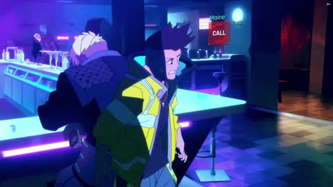 Still frame from Cyberpunk edgerunners kradzież auta — a 2m 42s clip marked up for dubbing