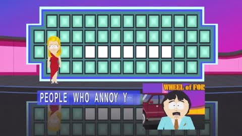 Still frame from South Park - Randy says the N-word on Wheel of Fortune — a 2m 02s clip marked up for dubbing