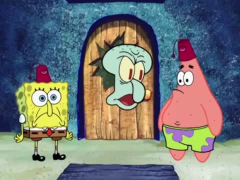 Still frame from Squidward Crash out Good Neighbors — a 35s clip marked up for dubbing
