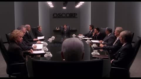 Still frame from Spiderman (2002) - Oscorp Board Room Meeting — a 1m 31s clip marked up for dubbing